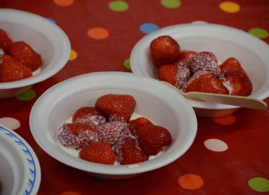 Arbemu- Table Cover, photo-bowls-of-strawberries-and-cream-on-red-spotted-tablecloth, supplier, manufacturer in Turkey, Turkiye